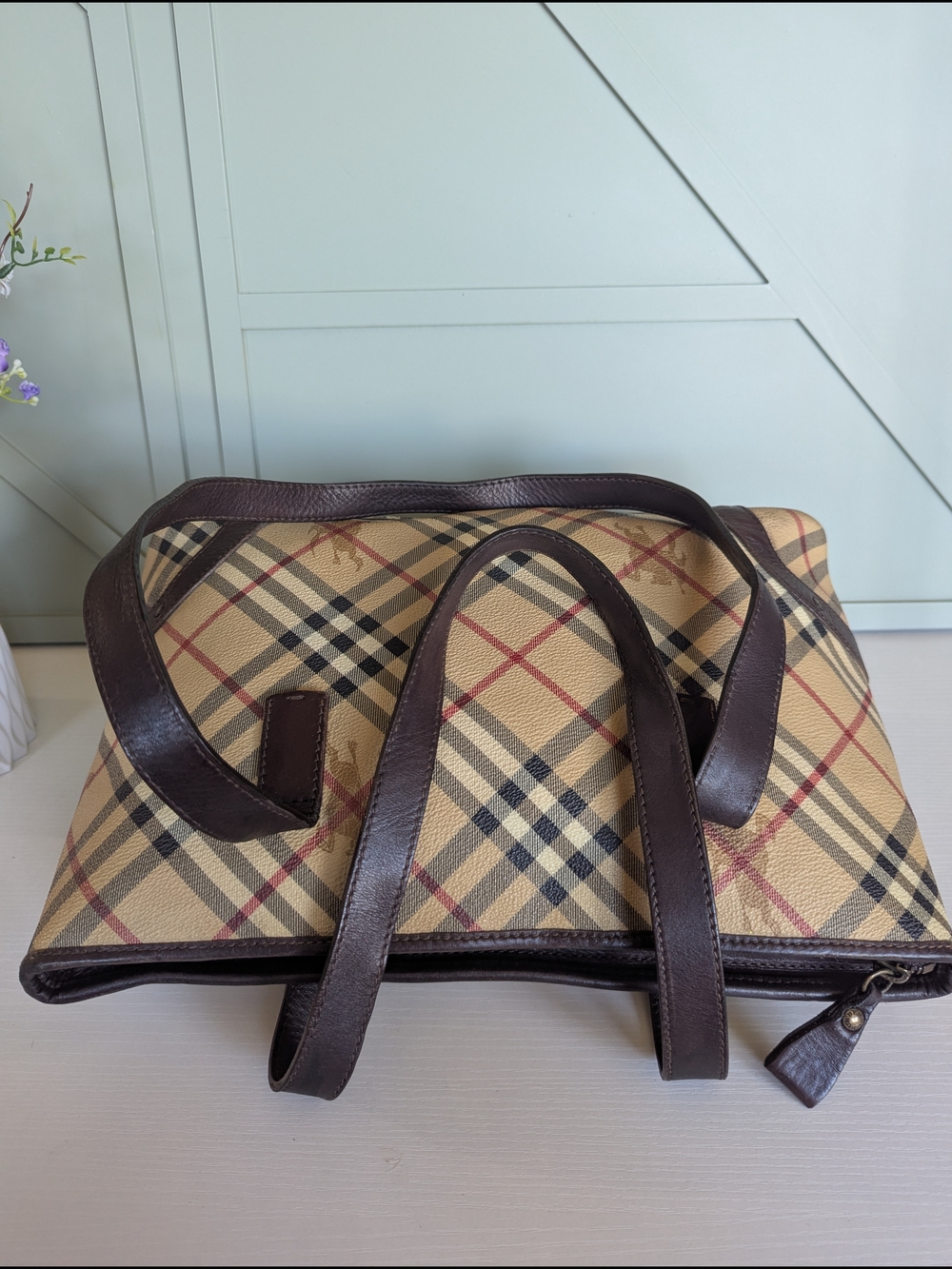 Burberry Beige Plaid Tote with Dark Brown Leather Trim - Picture 7 of 15